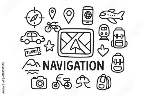 Navigation Doodle Icons. Navigation. Hand-drawn doodle illustration of Navigation. In the middle, one slightly