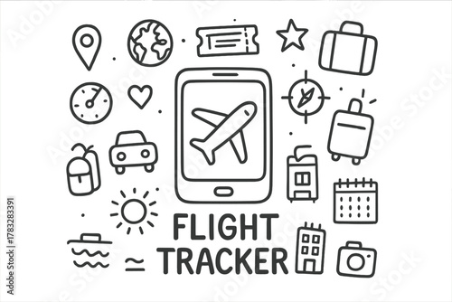 Flight Tracker Doodle. Flight Tracker. Hand-drawn doodle illustration of Flight Tracker. In the middle, one