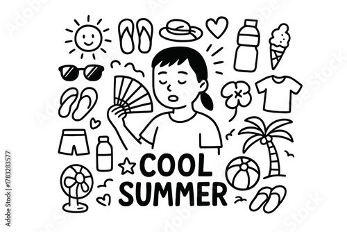 Cool Summer Doodle. Cool Summer. Hand-drawn doodle illustration of Cool Summer. In the middle, one slightly