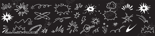 Line speed cartoon effect, boom explosive motion line element set. Comic boom burst, explosive smoke, line speed cartoon vector icon. Hand drawn sketch doodle action effect. Vector illustration