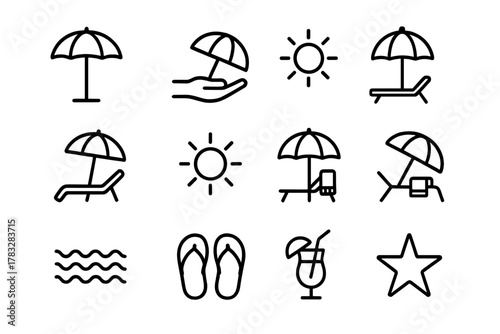 Poolside Umbrella Icons. Poolside umbrella. Line outline icon set of poolside umbrella: parasol, hand, base,