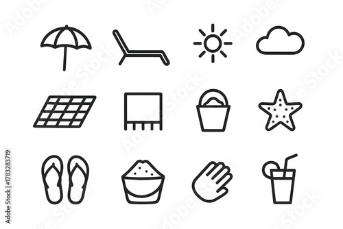 Outdoor Relaxation Icons. Outdoor relaxation setup. Line outline icon set of outdoor relaxation setup: parasol