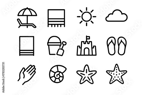 Beach Day Icons. Beach day setup. Line outline icon set of beach day setup: parasol, chair, blanket, sun,