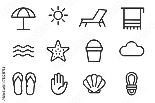 Beach Relaxation Icons. Beach relaxation scene. Line outline icon set of beach relaxation scene: parasol, sun,