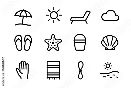 Beach Relaxation Icons. Beach relaxation scene. Line outline icon set of beach relaxation scene: parasol, sun,