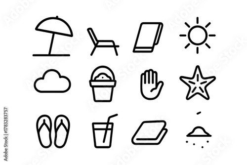 Outdoor Relaxation Icons. Outdoor relaxation setup. Line outline icon set of outdoor relaxation setup: parasol