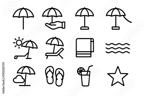 Poolside Umbrella Icons. Poolside umbrella. Line outline icon set of poolside umbrella: parasol, hand, base,