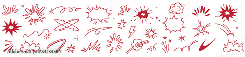 Line speed cartoon effect, boom explosive motion line element set. Comic boom burst, explosive smoke, line speed cartoon vector icon. Hand drawn sketch doodle action effect. Vector illustration