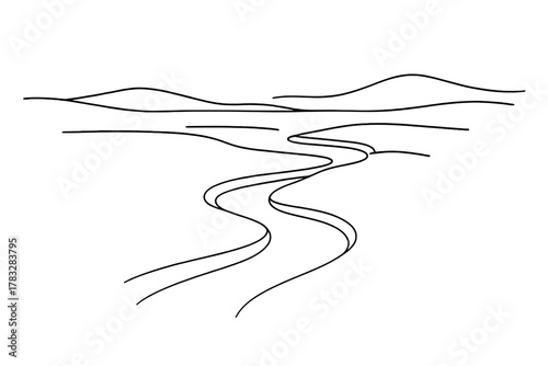 Icy Streams. Icy Streams. Minimalistic one-line drawing small winding river partially frozen across tundra
