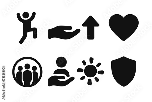 Resilience Icon Set. Resilience Support. Filled icon set of Resilience Support: person rising, helping hand,