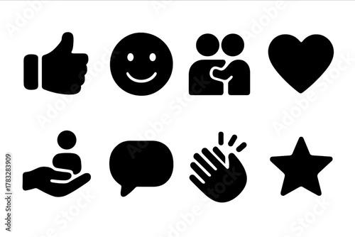 Encouragement Icon Set. Encouragement. Filled icon set of Encouragement: thumbs up, smiling face, hand on