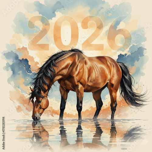 Calm brown horse drinking from a river with its reflection representing a peaceful 2026 against a watercolor sunset background [with copy space]