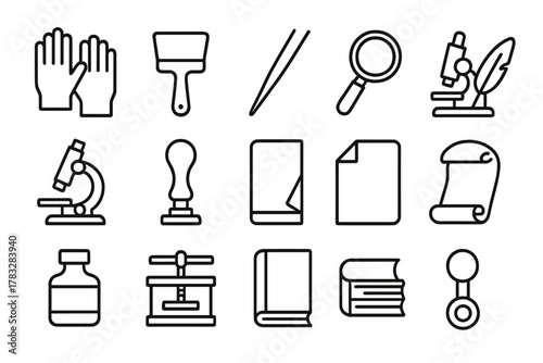 Book Conservation Tools. Book conservation tools. Line outline icon set of book conservation tools: gloves,