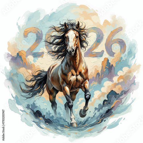Powerful brown horse running forward with a wild mane representing the year 2026 against a watercolor sky background [with copy space]