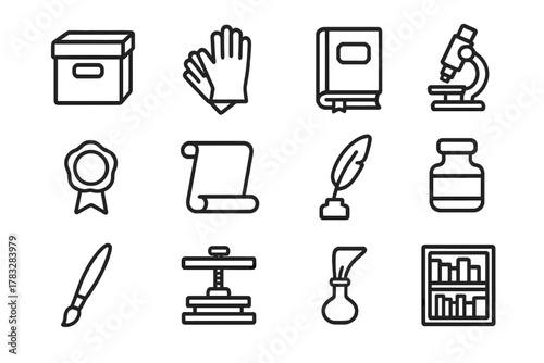 Archival Icons Set. Archival preservation. Line outline icon set of archival preservation: archival box,