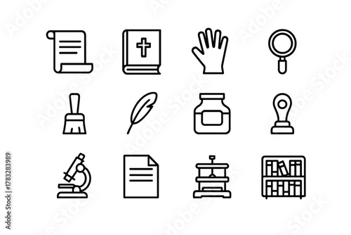 Historical Preservation Icons. Preserving historical texts. Line outline icon set of preserving historical