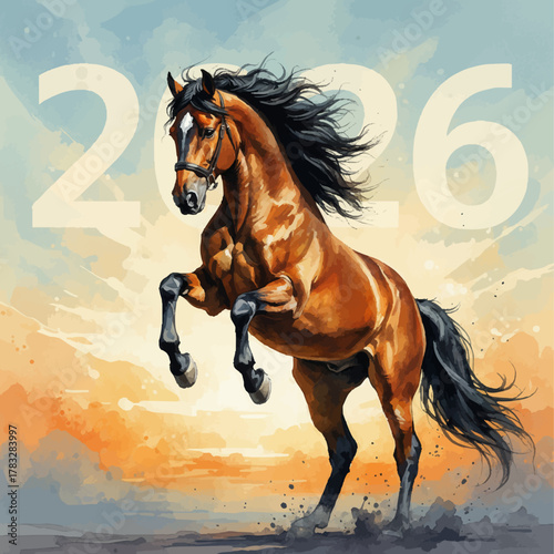 Powerful bay horse rearing up with a flowing mane symbolizing 2026 against a watercolor sunset background [with copy space]