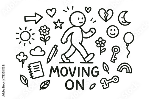 Moving On Doodle. Moving On. Hand-drawn doodle illustration of Moving On. In the middle, one slightly larger