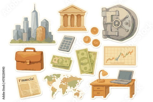 Global Finance Stickers. Global Financial Hubs. Realistic hand-painted watercolor style sticker sheet of