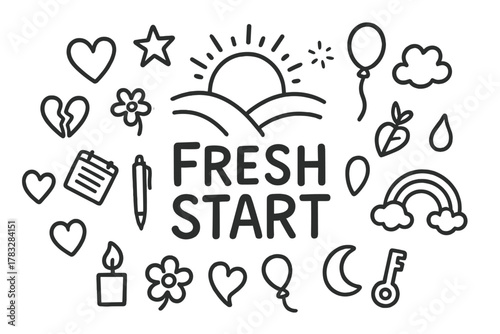 Fresh Start Doodle. Fresh Start. Hand-drawn doodle illustration of Fresh Start. In the middle, one slightly