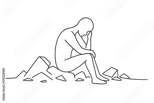 Solitary Amidst Ruins. Loss and Grief. Minimalistic one-line drawing figure sitting alone amid rubble,