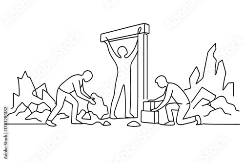 Rebuilding with Resilience. Resilience. Minimalistic one-line drawing people rebuilding structure amid
