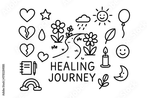 Healing Journey Doodle. Healing Journey. Hand-drawn doodle illustration of Healing Journey. In the middle, one