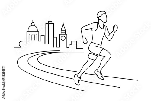 Minimalist Athlete Abroad. Training Abroad. Minimalistic one-line drawing athlete practicing on outdoor track