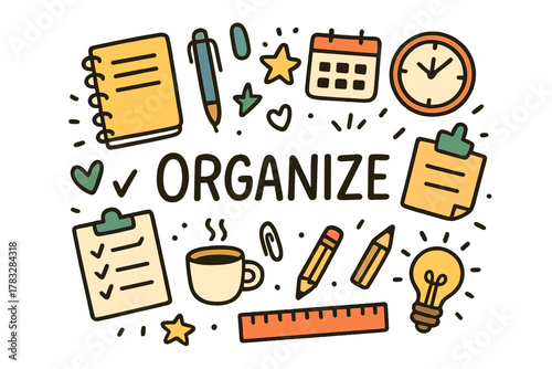 Organizational Doodle Elements. Organizational habits. Hand-drawn doodle illustration of organizational habits