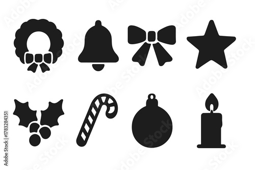 Festive Icon Collection. Festive Accessories. Filled icon set of Festive Accessories: wreath, bell, ribbon,