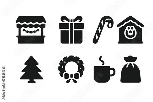 Christmas Market Icons. Christmas Market. Filled icon set of Christmas Market: miniature stalls, gifts, candy,