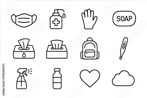 Public Transport Hygiene Icons. Public transport hygiene. Line outline icon set of public transport hygiene: