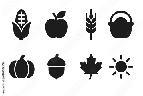 Harvest Icon Set. Harvest Time. Filled icon set of Harvest Time: corn, apple, wheat, basket, pumpkin, acorn,