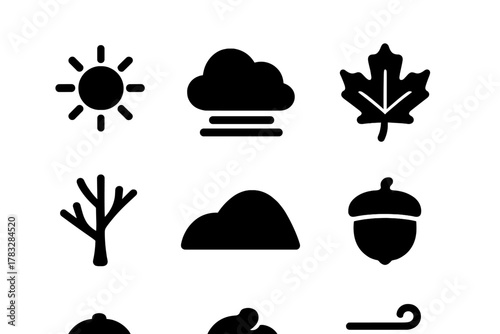 Autumn Icons Grid. Autumn Morning. Filled icon set of Autumn Morning: sun, fog cloud, leaf, pumpkin, bare tree