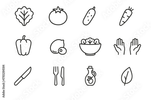 Salad Ingredients Icons. Fresh salad ingredients. Line outline icon set of fresh salad ingredients: lettuce,