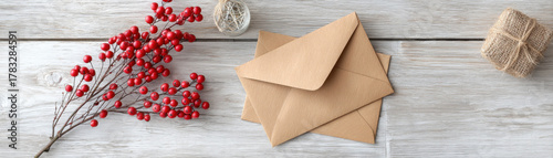 Festive overhead view of brown envelope with red berry on white wood