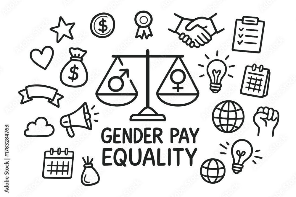 Fototapeta premium Gender Pay Equality Doodle. Gender Pay Equality. Hand-drawn doodle illustration of Gender Pay Equality. In the