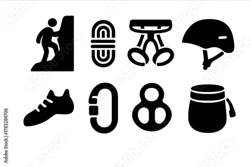 Extreme Climbing Icons. Extreme Climbing. Filled icon set of Extreme Climbing: mountain cliff, rope, harness,