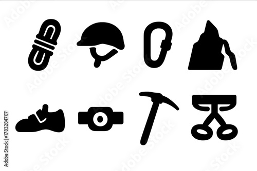 Caving and Climbing Icons. Caving and Climbing. Filled icon set of Caving and Climbing: rope, helmet,