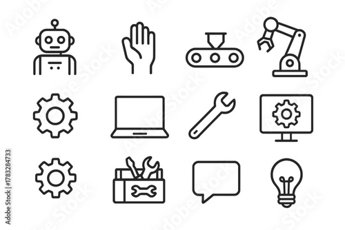 Factory Automation Icons. Factory automation teamwork. Line outline icon set of factory automation teamwork: