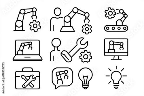 Collaborative Robot Icons. Collaborative robots. Line outline icon set of collaborative robots: robot arm,