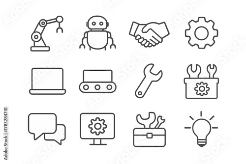 Automation Icon Set. Automation collaboration. Line outline icon set of automation collaboration: robotic arm,