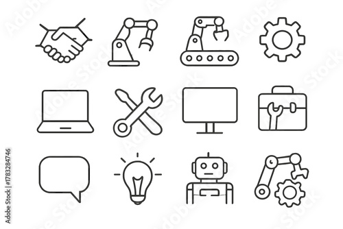 Robot Teamwork Icons. Teamwork with robots. Line outline icon set of teamwork with robots: human hand, robot,