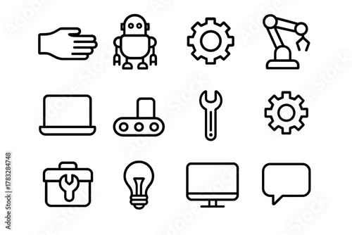 Human-Robot Collaboration Icons. Human-robot collaboration. Line outline icon set of human-robot collaboration