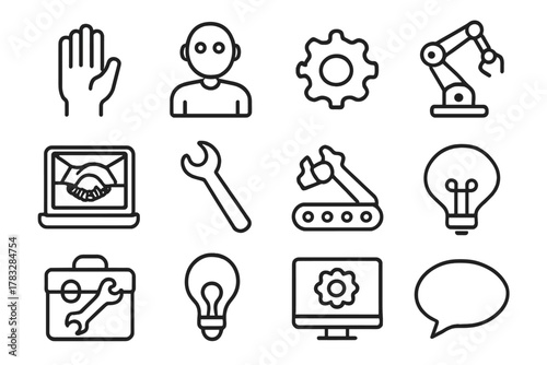 Human-Robot Icon Set. Human-robot collaboration. Line outline icon set of human-robot collaboration: human