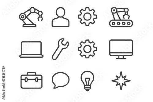 Collaborative Robot Icons. Collaborative robots. Line outline icon set of collaborative robots: robot arm,