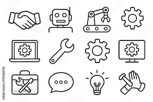 Robotic Teamwork Icons. Teamwork with robots. Line outline icon set of teamwork with robots: human hand, robot