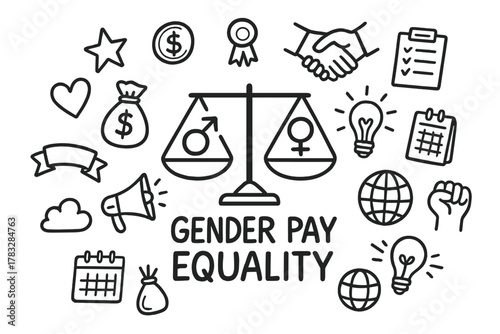 Gender Pay Equality Doodle. Gender Pay Equality. Hand-drawn doodle illustration of Gender Pay Equality. In the