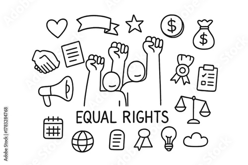 Equal Rights Doodle. Equal Rights. Hand-drawn doodle illustration of Equal Rights. In the middle, one slightly