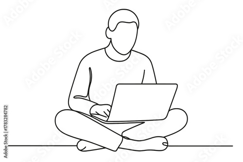 Minimalist Learning Scene. Learning at Home. Minimalistic one-line drawing person sitting cross-legged on